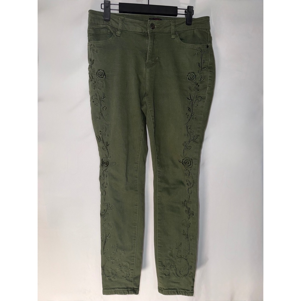 Earl Jean Womens Olive Green Floral Embroidered Skinny Ankle Pants Size 10 - Picture 12 of 12